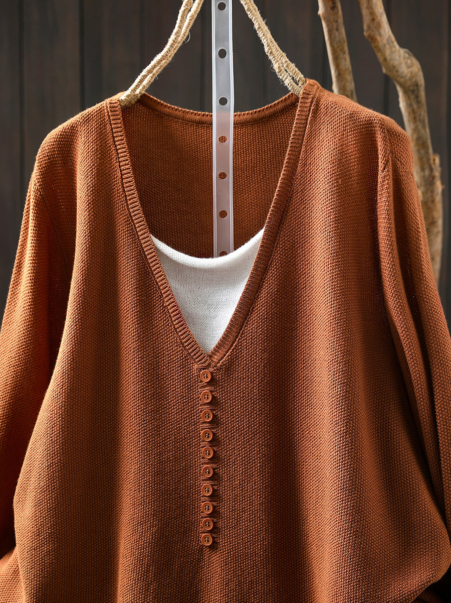 Women Autumn Colorblock Fake Two Knitted V-Neck Blouse