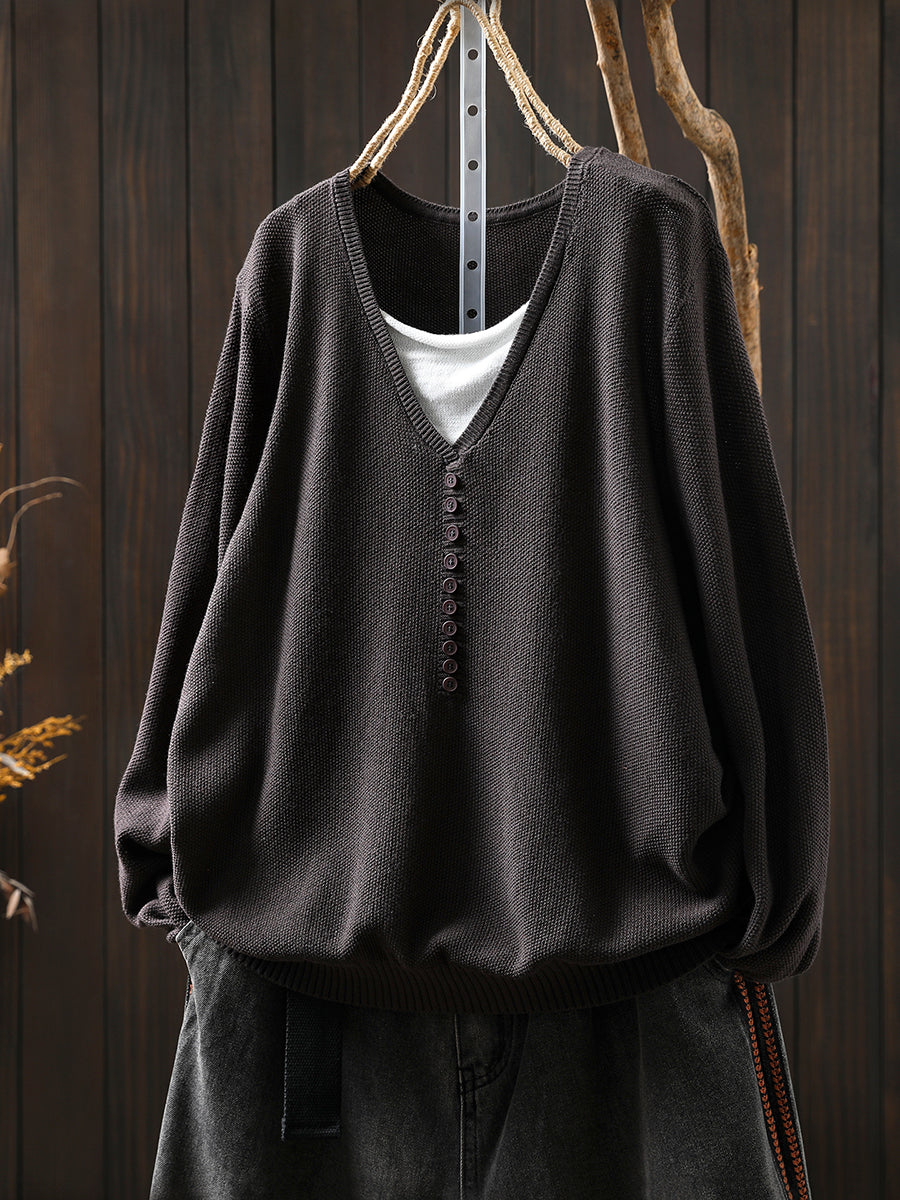 Women Autumn Colorblock Fake Two Knitted V-Neck Blouse