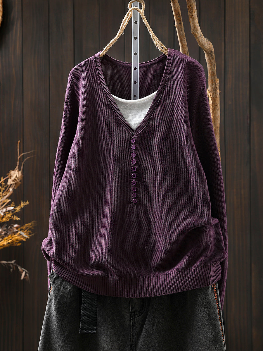 Women Autumn Colorblock Fake Two Knitted V-Neck Blouse