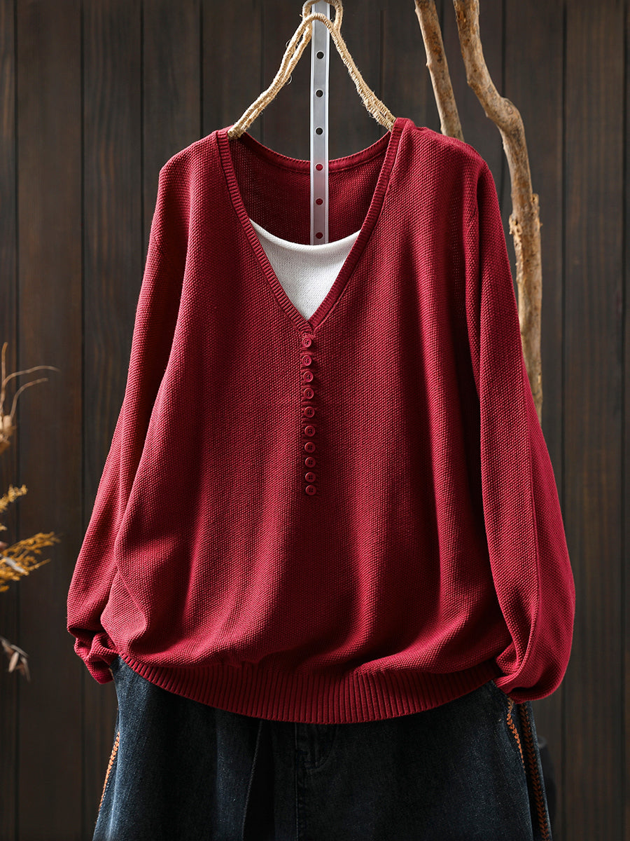 Women Autumn Colorblock Fake Two Knitted V-Neck Blouse