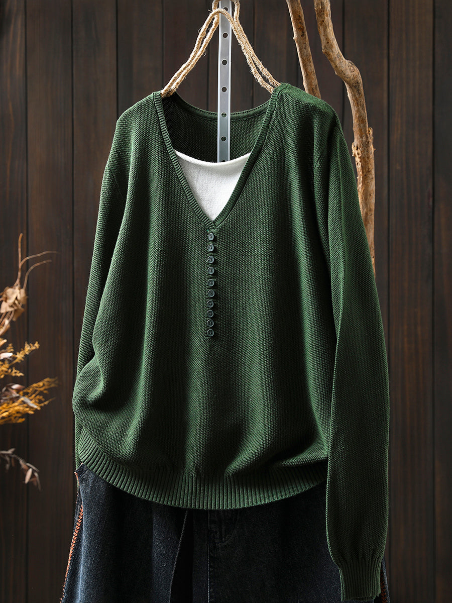 Women Autumn Colorblock Fake Two Knitted V-Neck Blouse