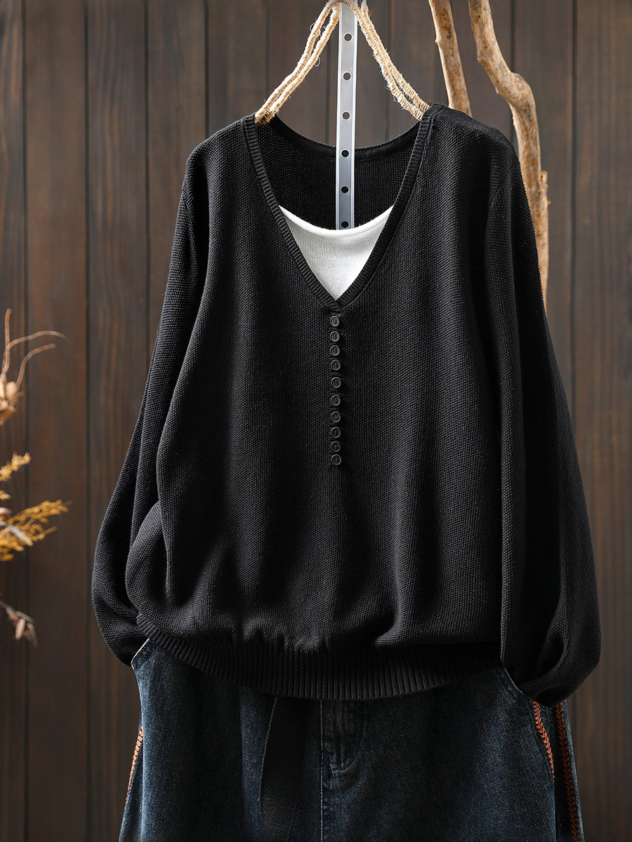 Women Autumn Colorblock Fake Two Knitted V-Neck Blouse