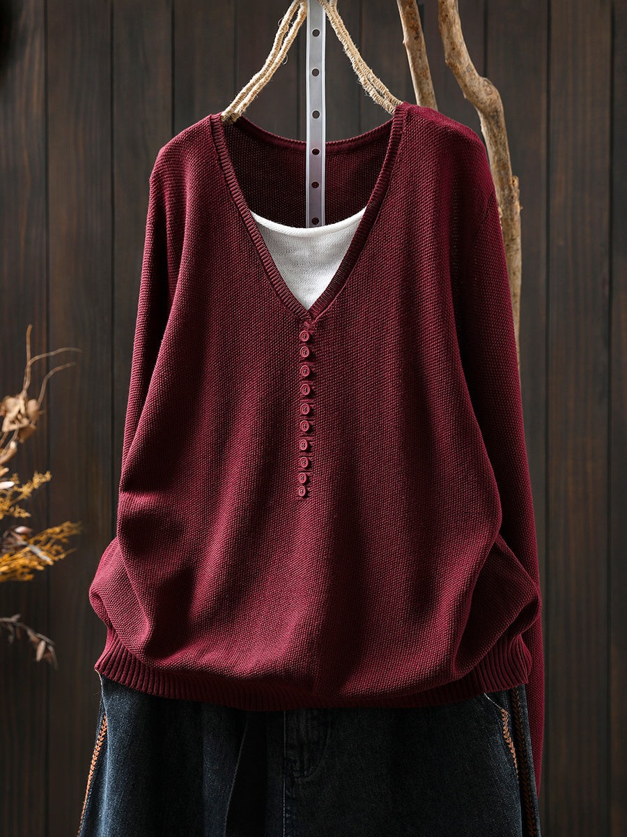 Women Autumn Colorblock Fake Two Knitted V-Neck Blouse