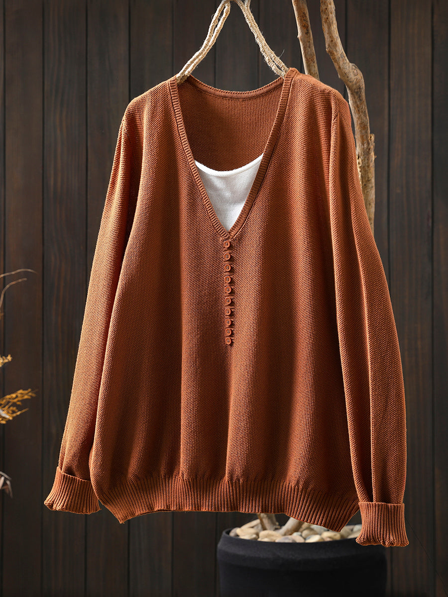 Women Autumn Colorblock Fake Two Knitted V-Neck Blouse