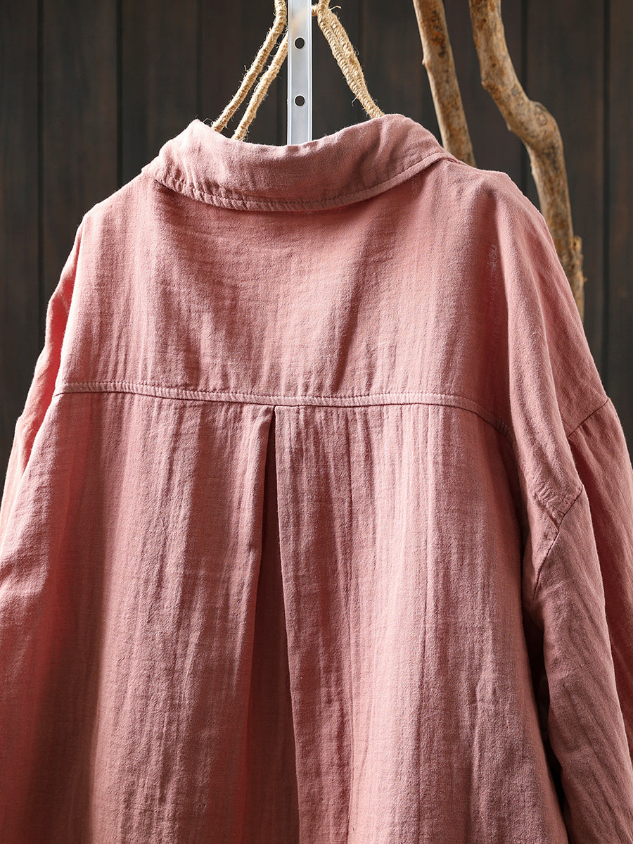 Women Retro Autumn Pure Color 100%Cotton Shirt