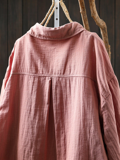 Women Retro Autumn Pure Color 100%Cotton Shirt