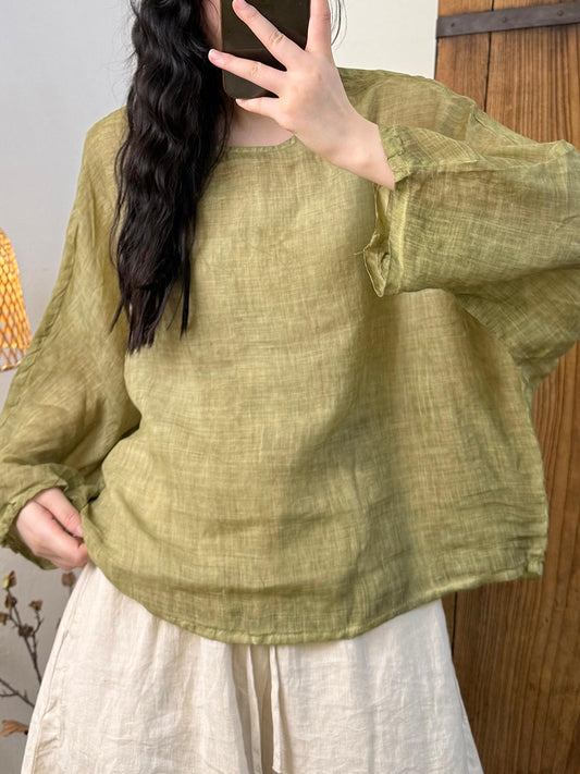 Women Artsy Pure Color Ramie O-Neck Long Sleeve Shirt