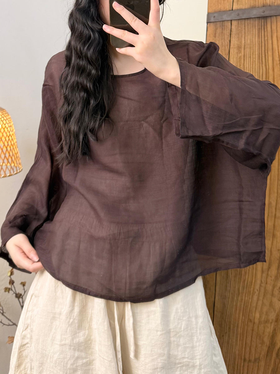 Women Artsy Pure Color Ramie O-Neck Long Sleeve Shirt