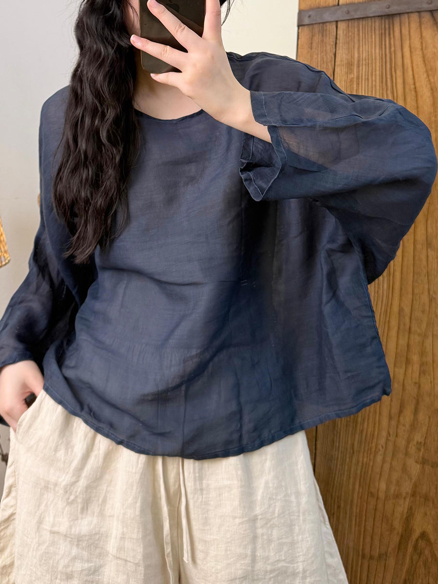 Women Artsy Pure Color Ramie O-Neck Long Sleeve Shirt