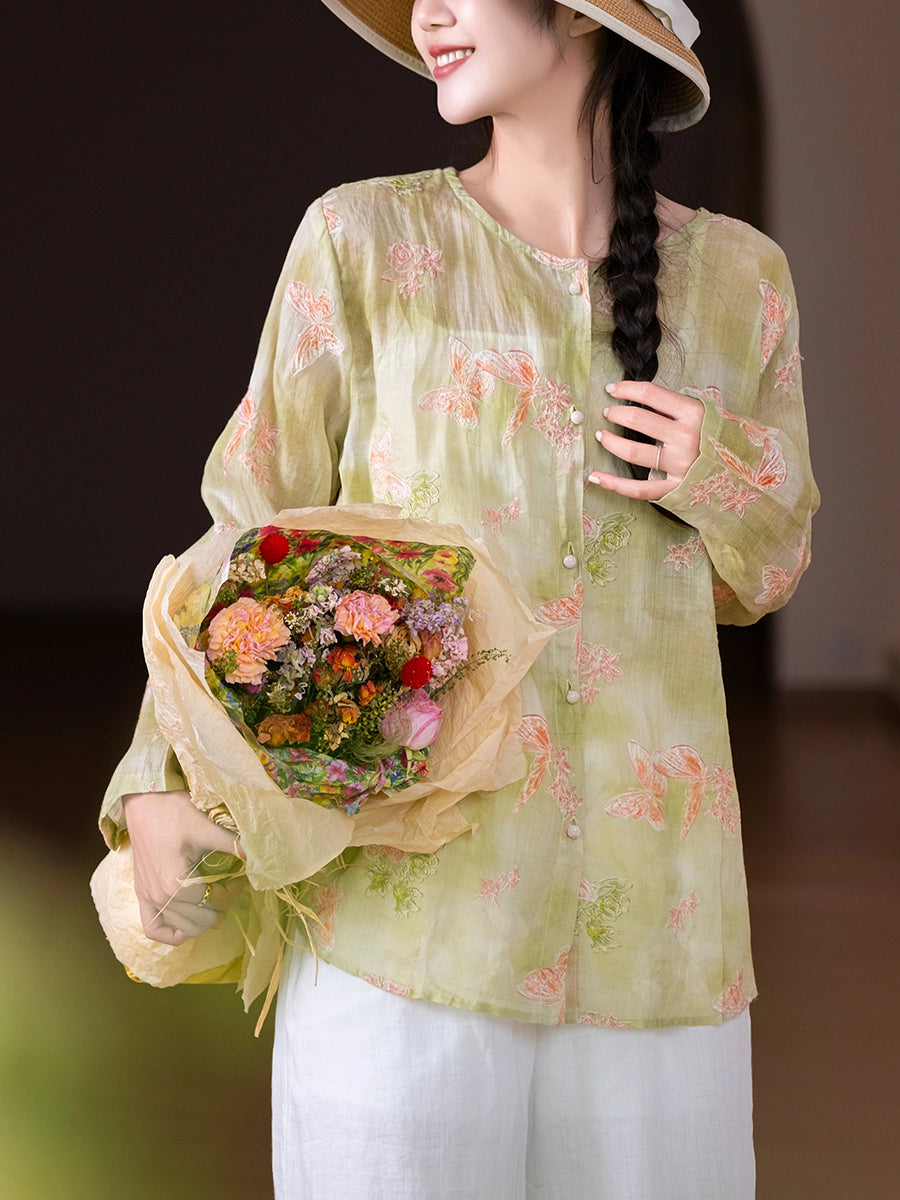 Women Artsy Flower 100%Ramie O-Neck Long Sleeve Shirt
