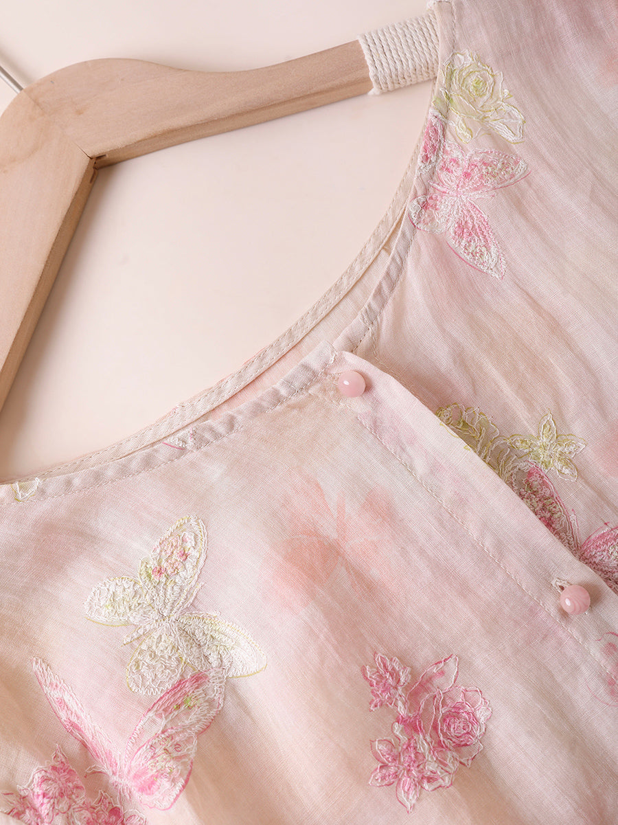 Women Artsy Flower 100%Ramie O-Neck Long Sleeve Shirt