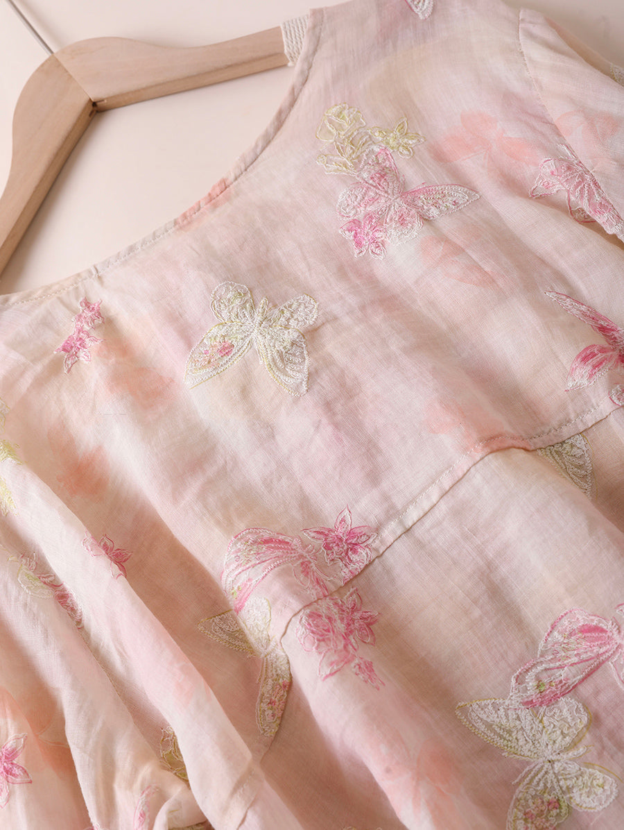 Women Artsy Flower 100%Ramie O-Neck Long Sleeve Shirt