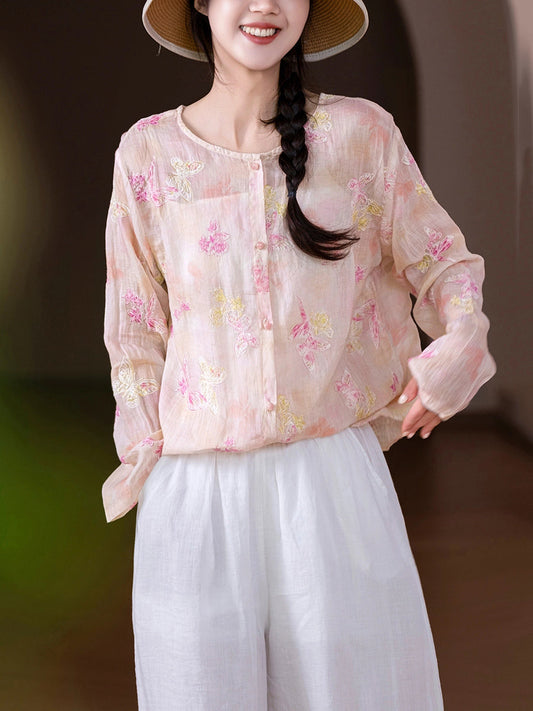 Women Artsy Flower 100%Ramie O-Neck Long Sleeve Shirt