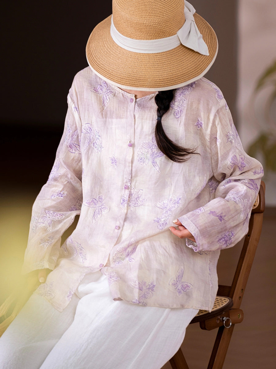 Women Artsy Flower 100%Ramie O-Neck Long Sleeve Shirt