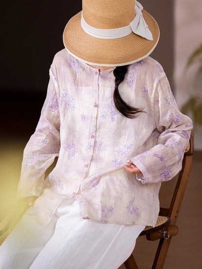 Women Artsy Flower 100%Ramie O-Neck Long Sleeve Shirt