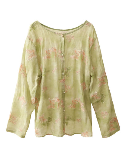 Women Artsy Flower 100%Ramie O-Neck Long Sleeve Shirt