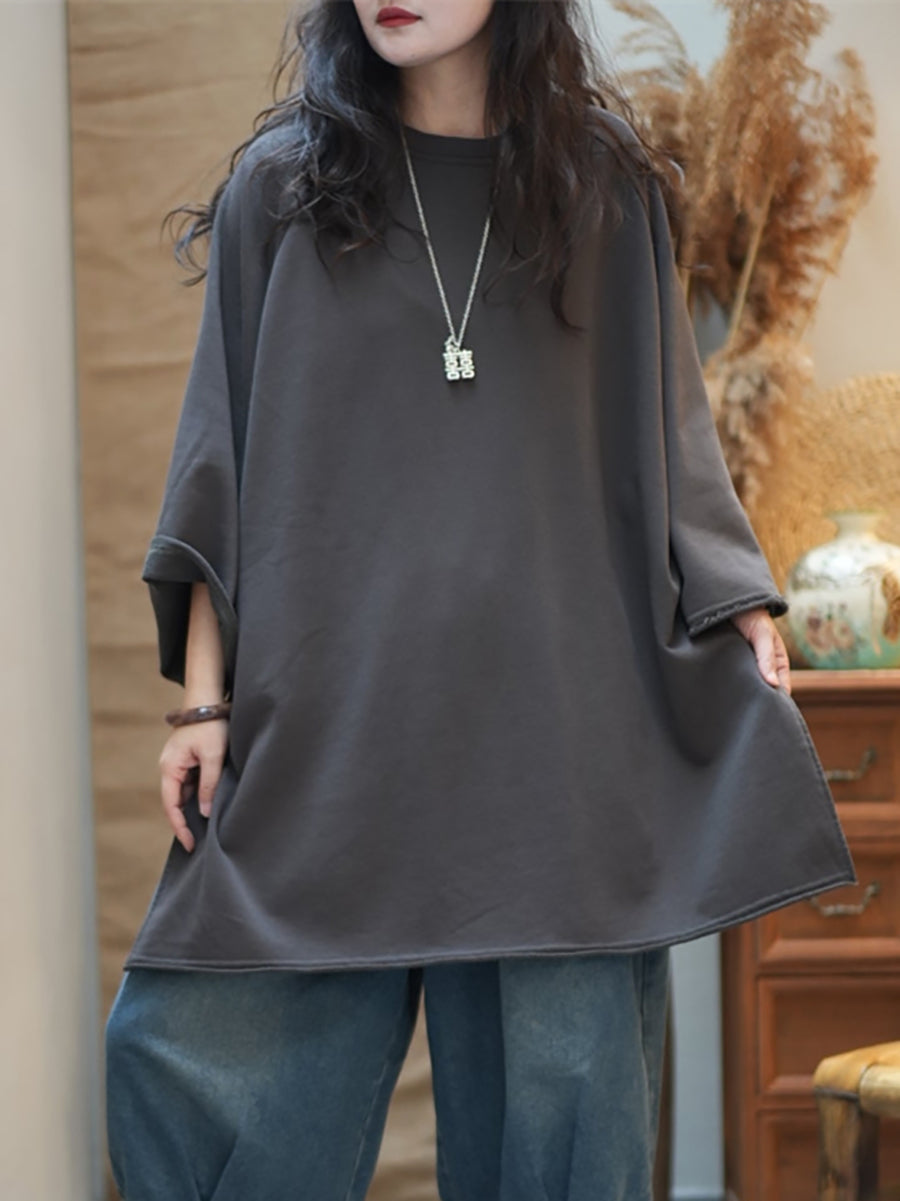 Women Autumn Casual Pure Color Cotton O-Neck Shirt