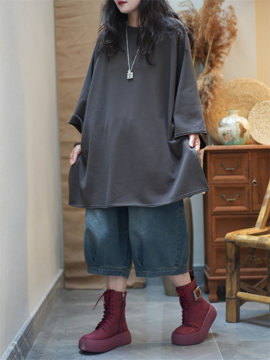 Women Autumn Casual Pure Color Cotton O-Neck Shirt