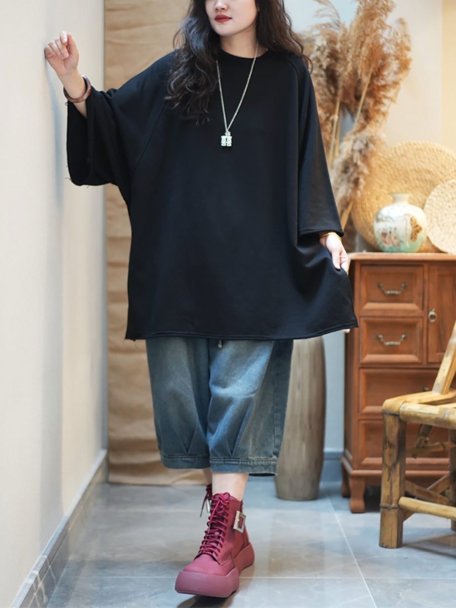 Women Autumn Casual Pure Color Cotton O-Neck Shirt