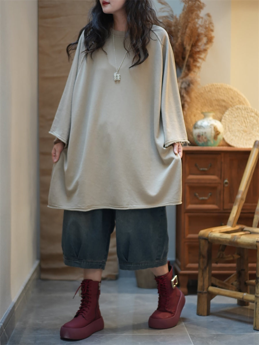 Women Autumn Casual Pure Color Cotton O-Neck Shirt