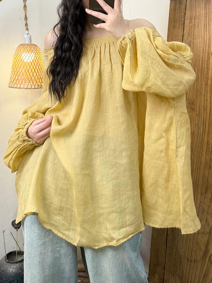 Women Artsy Pure Color Ramie O-Neck One-shoulder Shirt