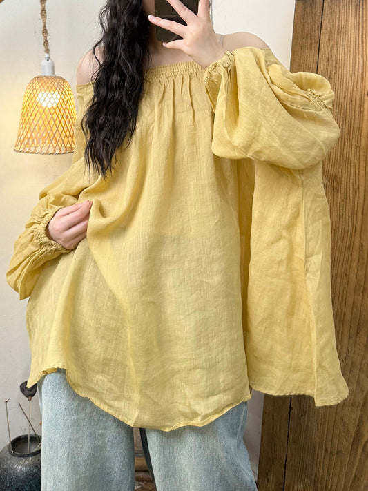 Women Artsy Pure Color Ramie O-Neck One-shoulder Shirt