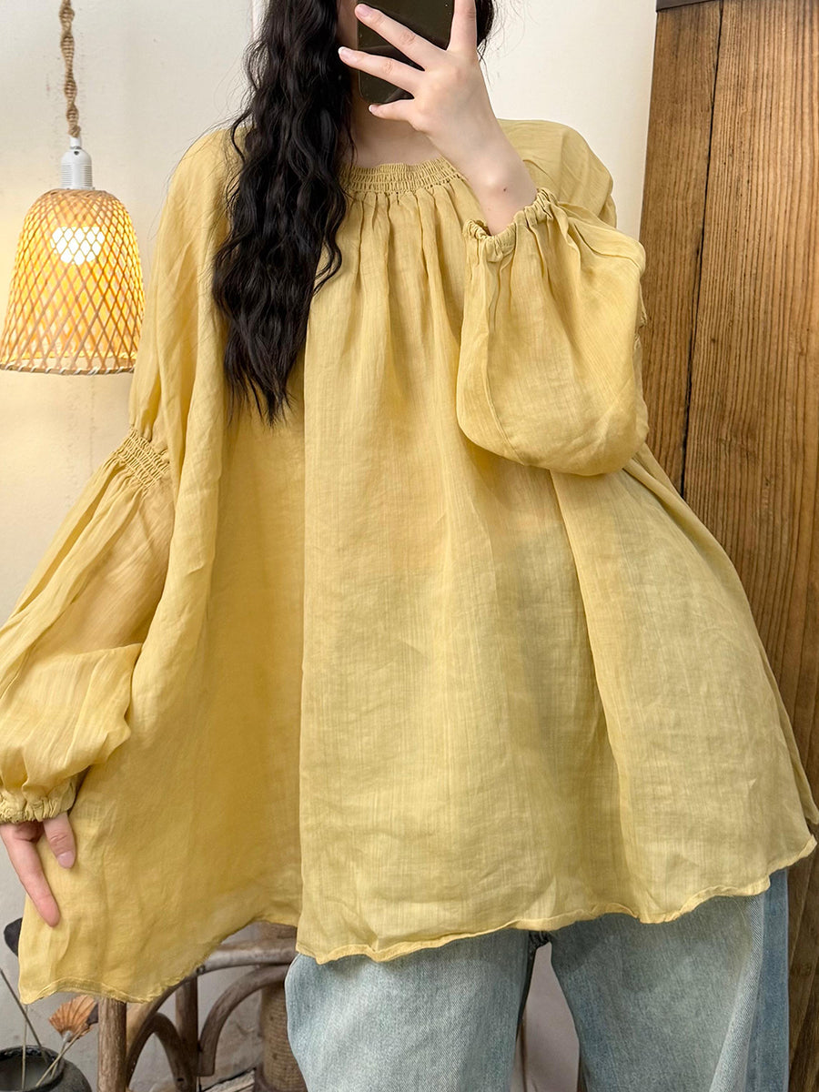 Women Artsy Pure Color Ramie O-Neck One-shoulder Shirt