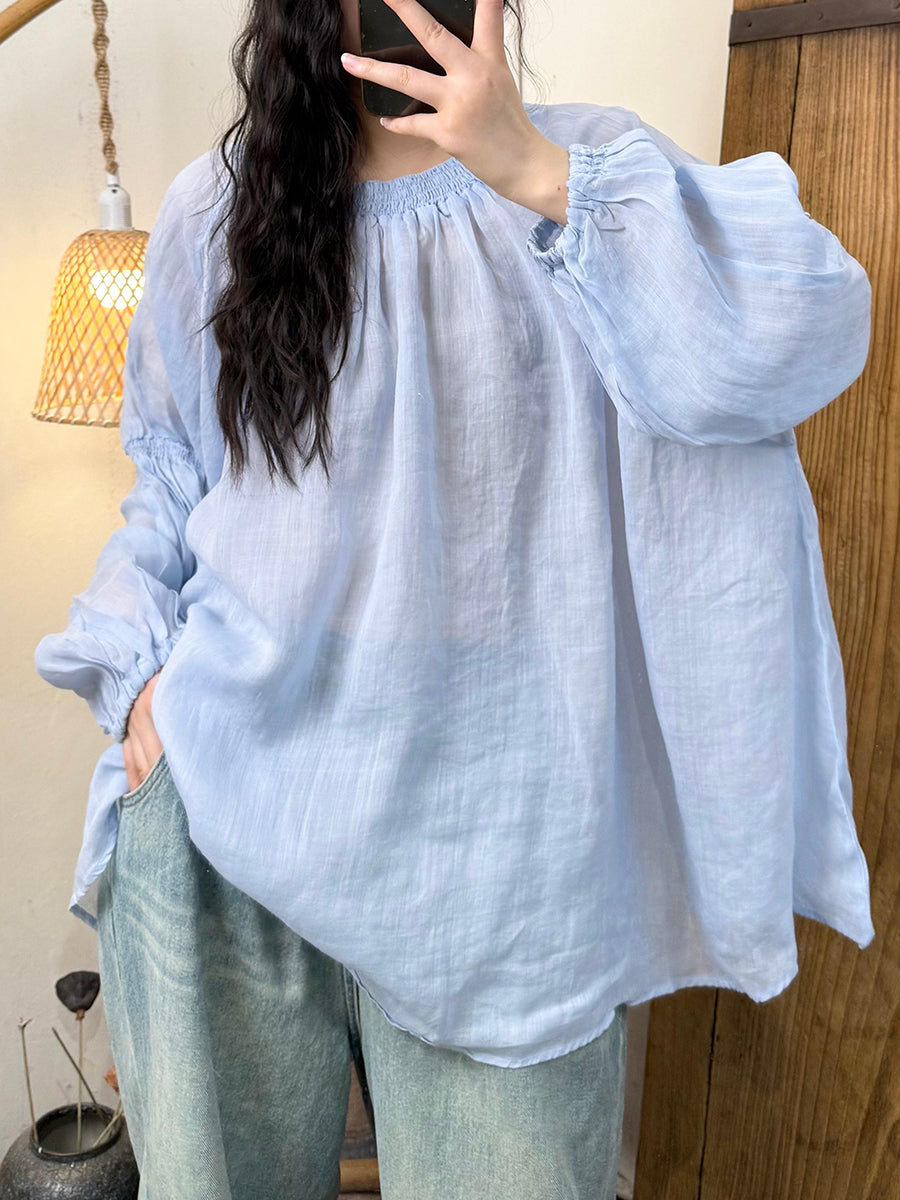 Women Artsy Pure Color Ramie O-Neck One-shoulder Shirt