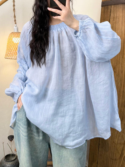 Women Artsy Pure Color Ramie O-Neck One-shoulder Shirt