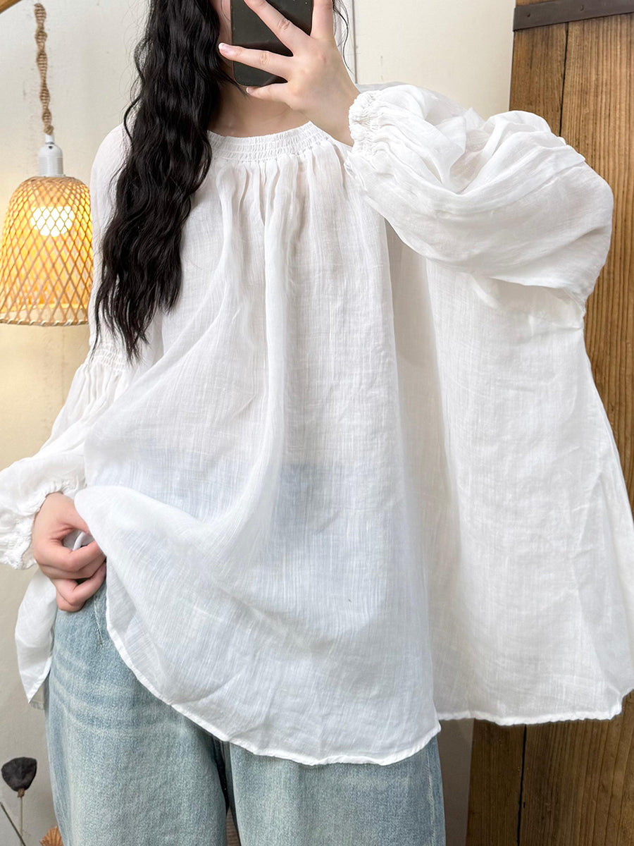 Women Artsy Pure Color Ramie O-Neck One-shoulder Shirt