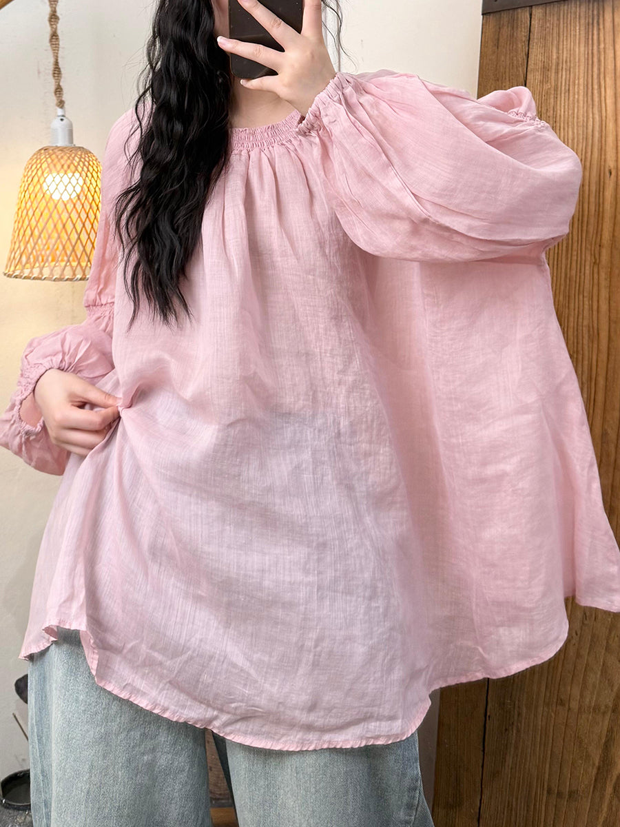 Women Artsy Pure Color Ramie O-Neck One-shoulder Shirt