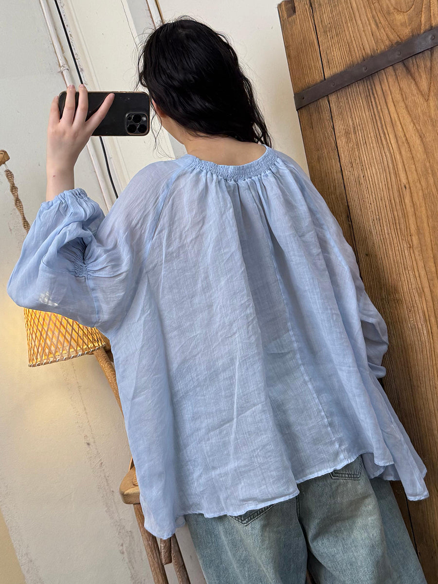 Women Artsy Pure Color Ramie O-Neck One-shoulder Shirt