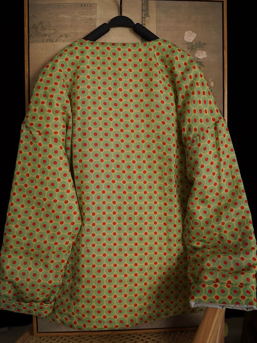 Women Autumn Ethnic Dot Ramie O-Neck Padded Coat