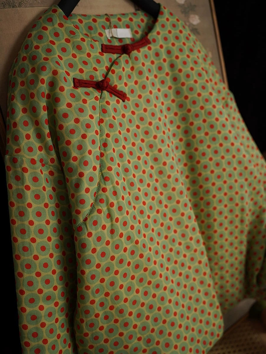 Women Autumn Ethnic Dot Ramie O-Neck Padded Coat