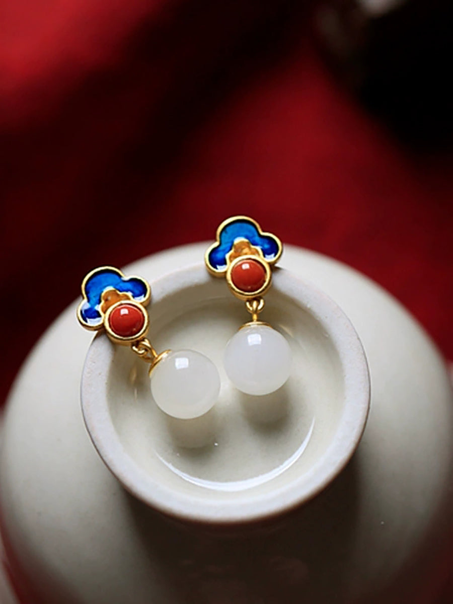 Women Vintage S925Silver Jade Enamel Agate Earrings