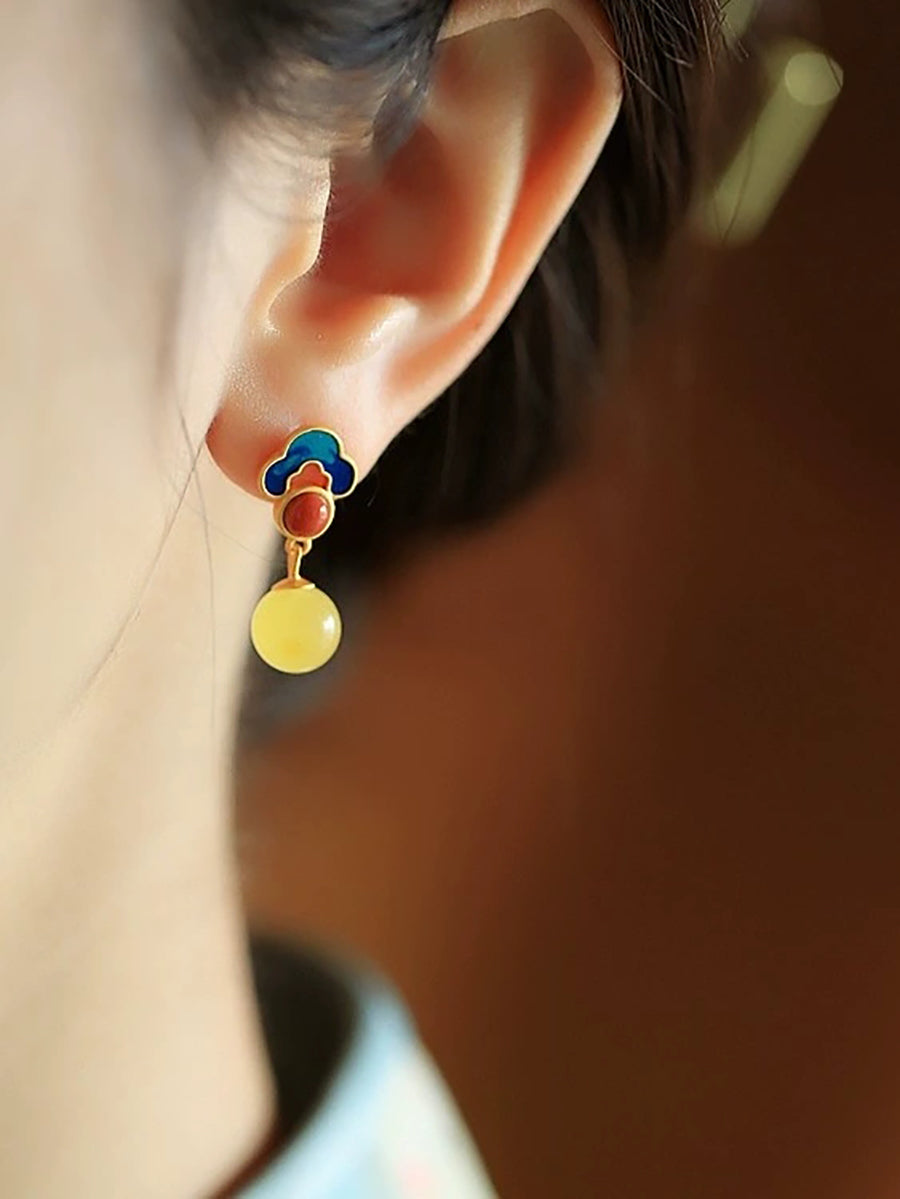 Women Vintage S925Silver Jade Enamel Agate Earrings