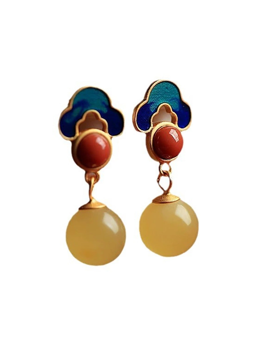 Women Vintage S925Silver Jade Enamel Agate Earrings