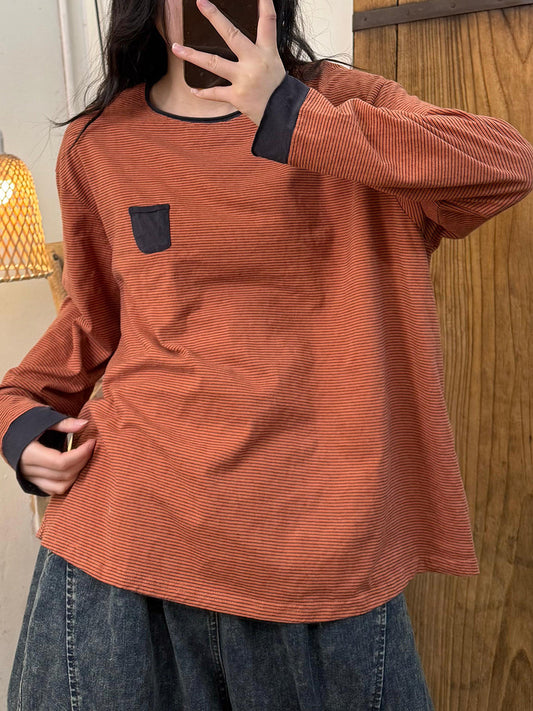 Women Autumn Vintage Colorblock Stripe O-Neck Shirt