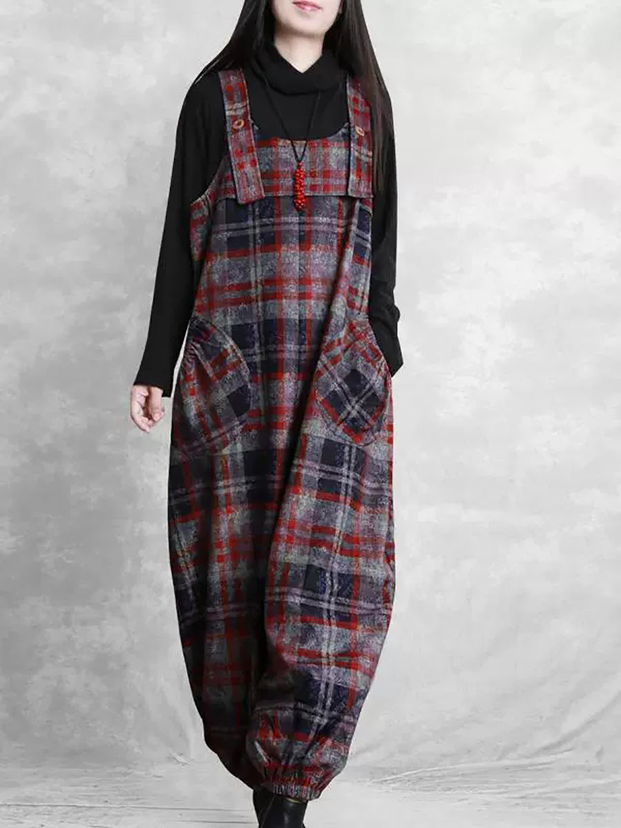 Women Autumn Retro Plaid Woolen Jumpsuits