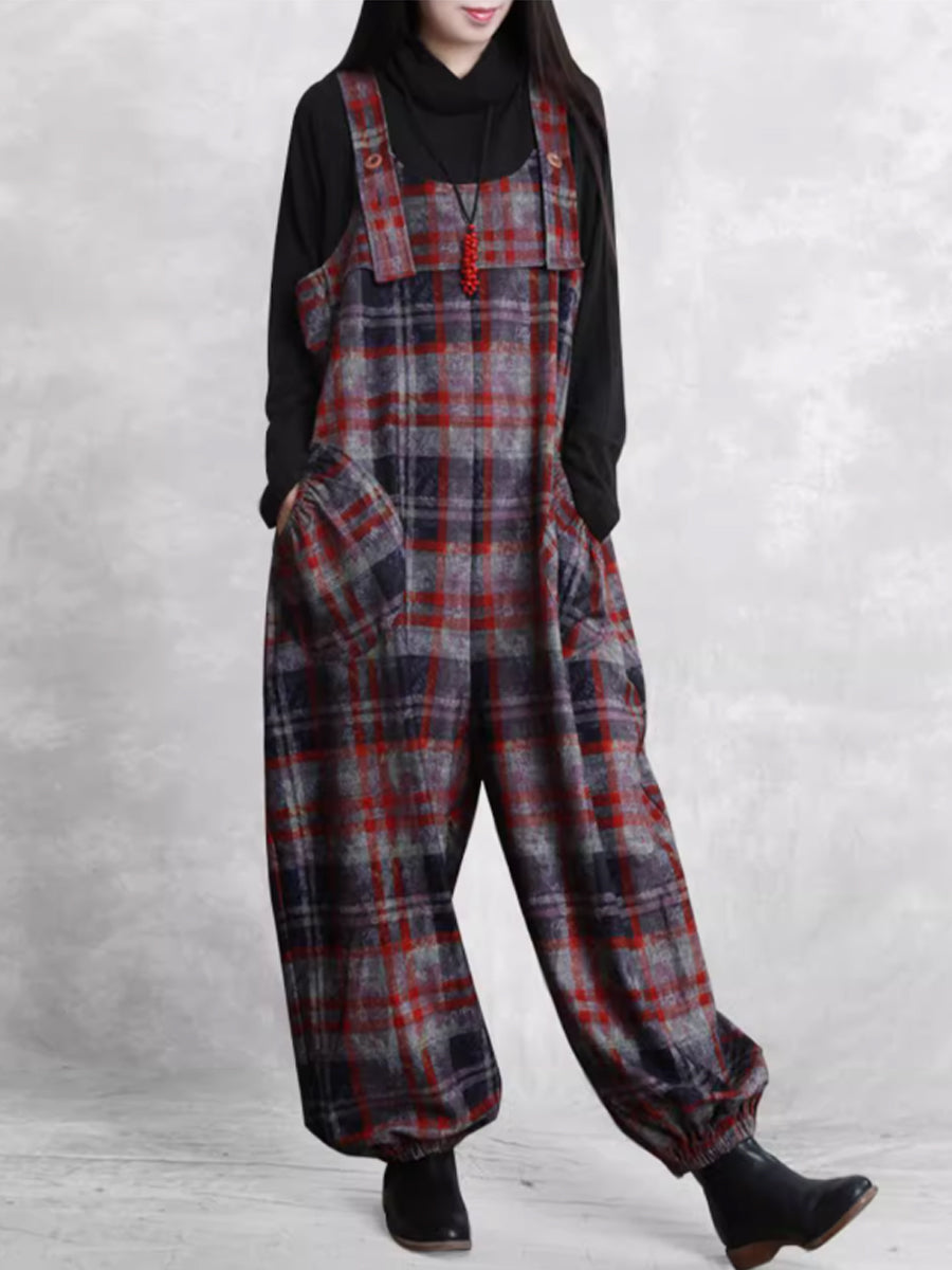 Women Autumn Retro Plaid Woolen Jumpsuits