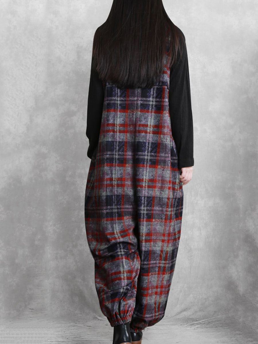 Women Autumn Retro Plaid Woolen Jumpsuits
