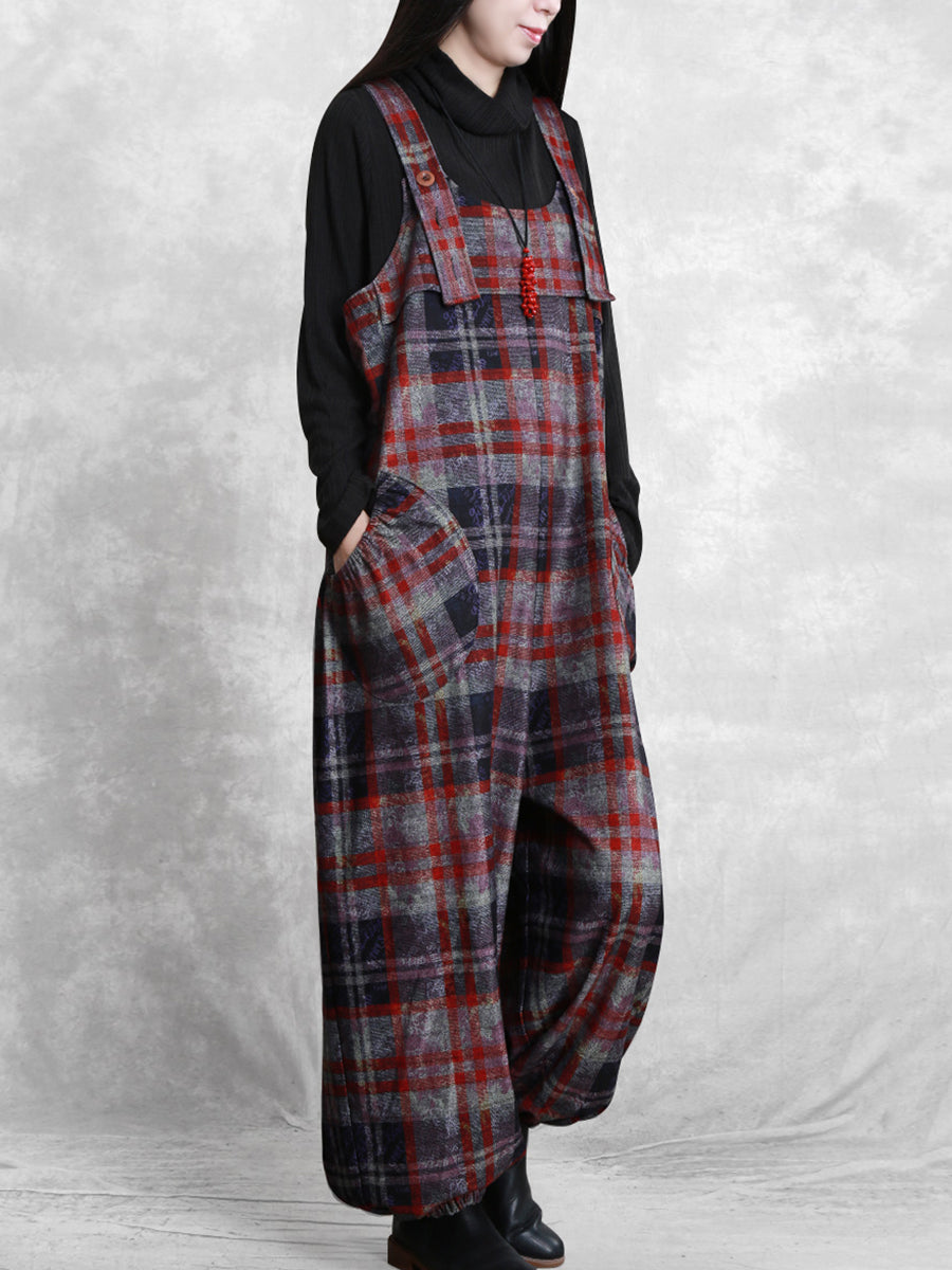 Women Autumn Retro Plaid Woolen Jumpsuits