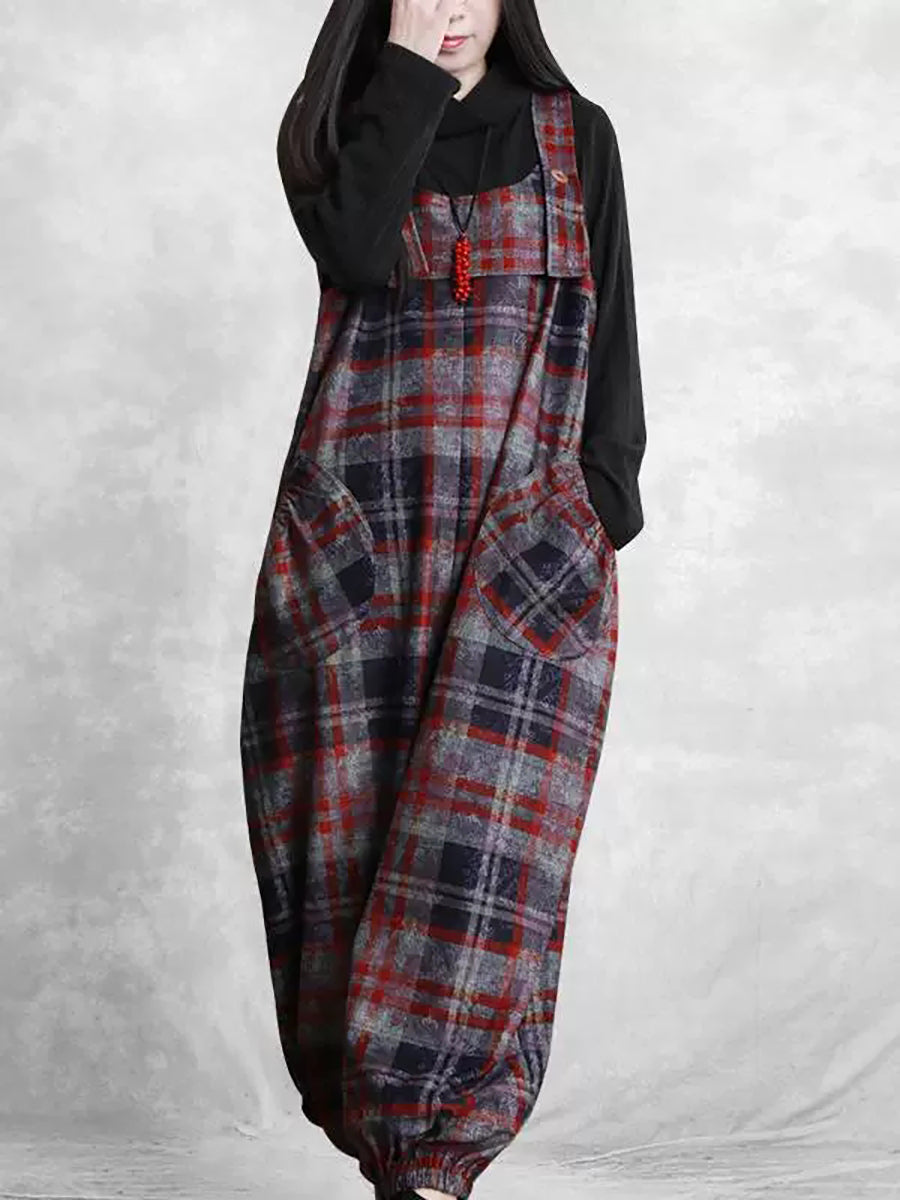 Women Autumn Retro Plaid Woolen Jumpsuits