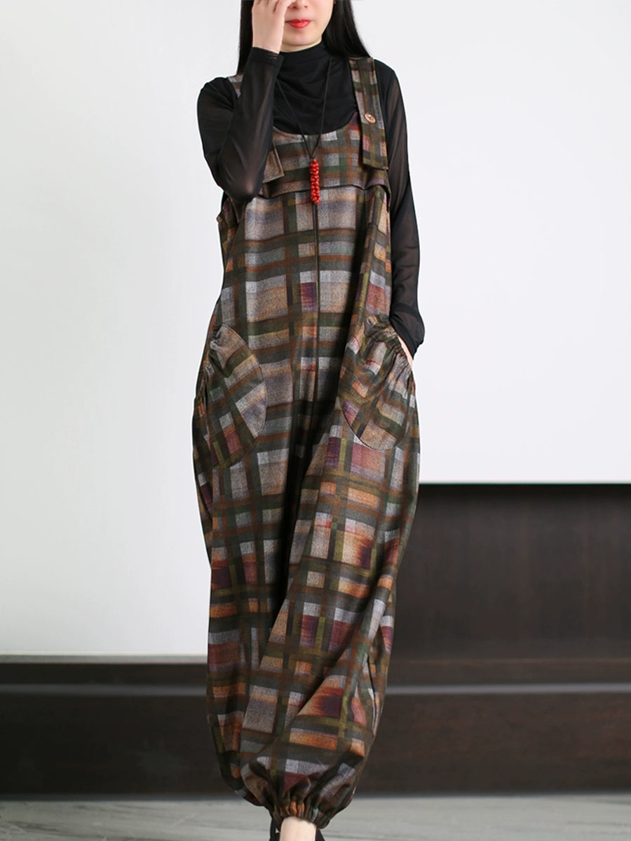 Women Autumn Retro Plaid Woolen Jumpsuits
