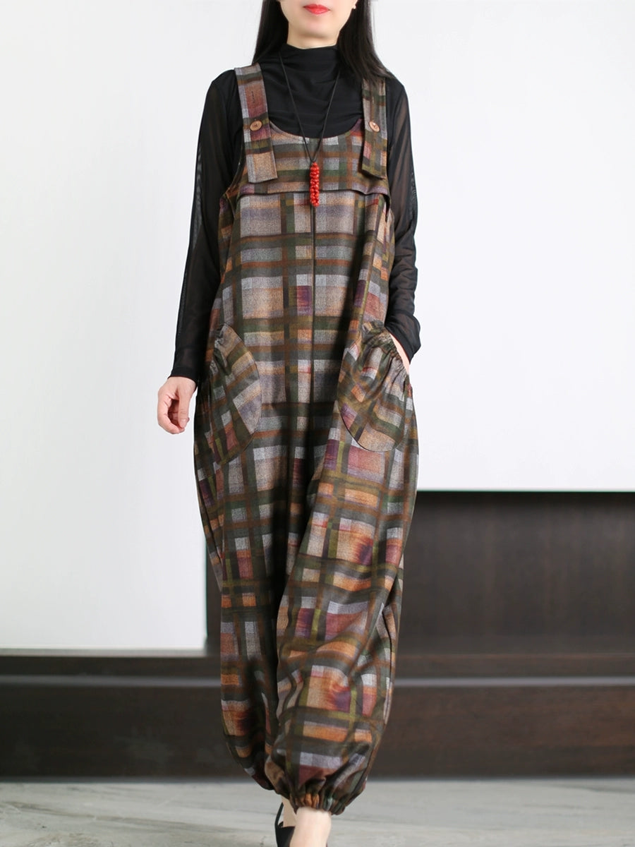 Women Autumn Retro Plaid Woolen Jumpsuits