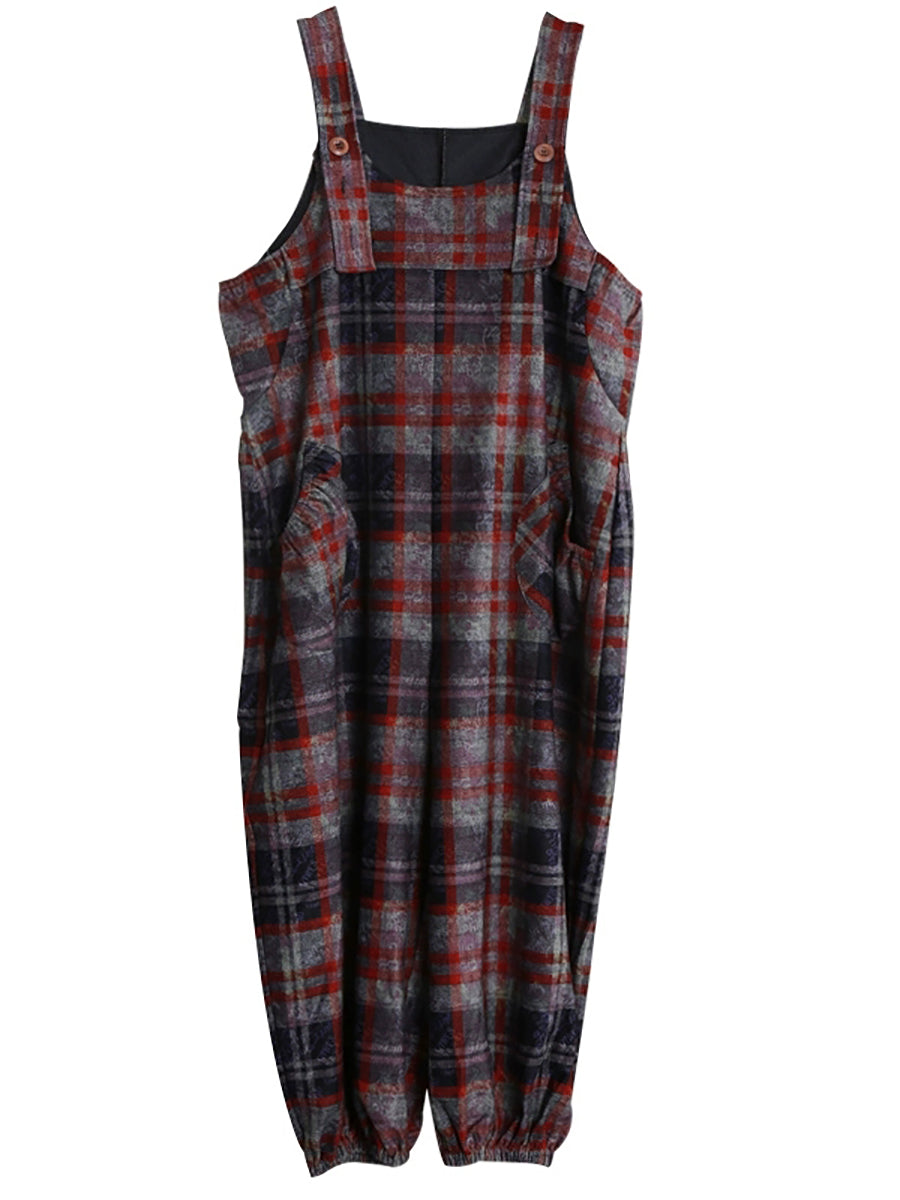 Women Autumn Retro Plaid Woolen Jumpsuits