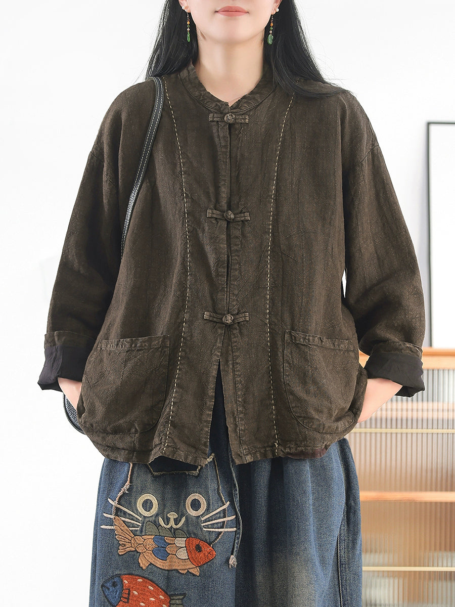 Women Autumn Ethnic Pure Color Stand Collar 100%Linen Coat