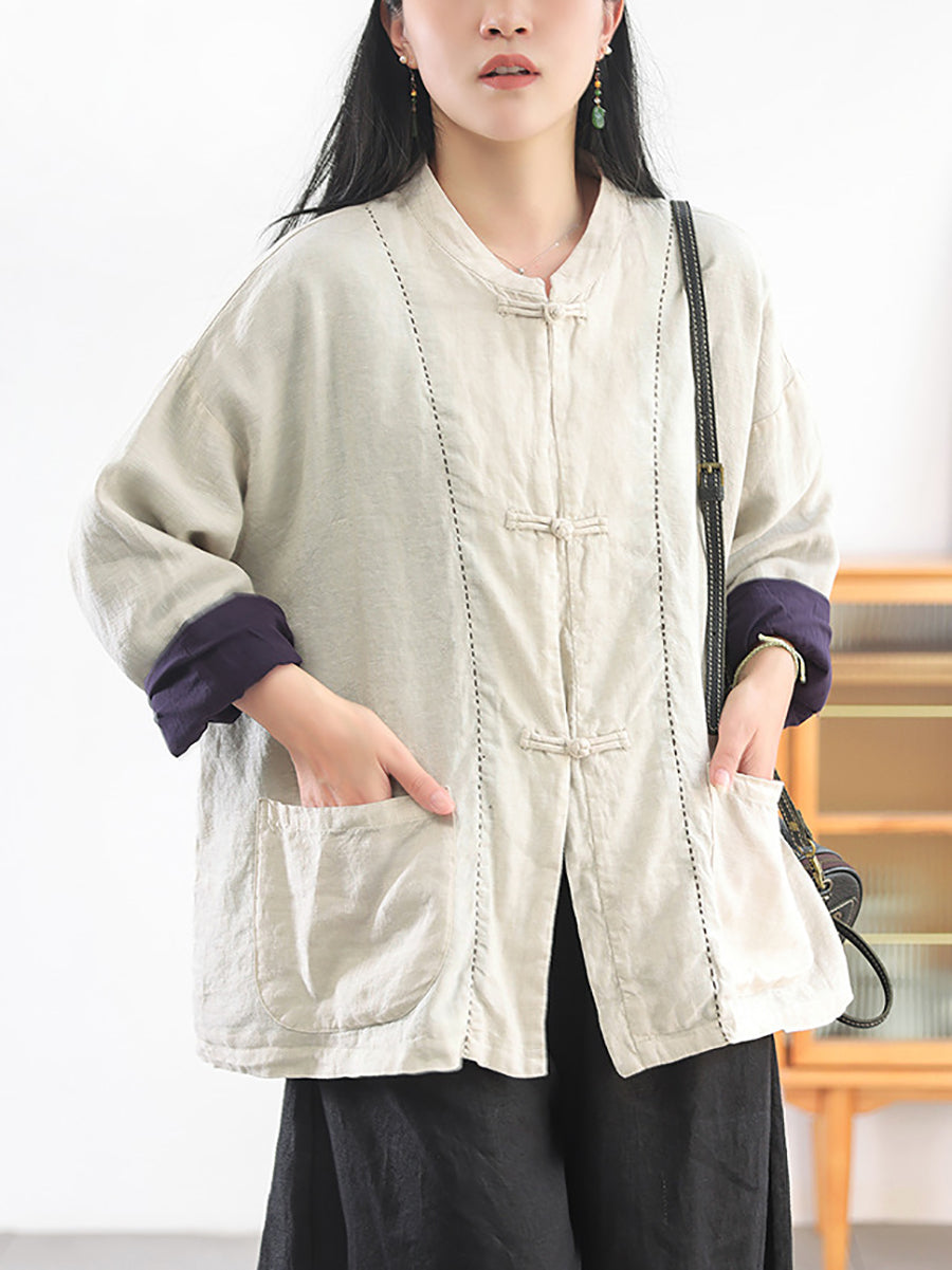 Women Autumn Ethnic Pure Color Stand Collar 100%Linen Coat