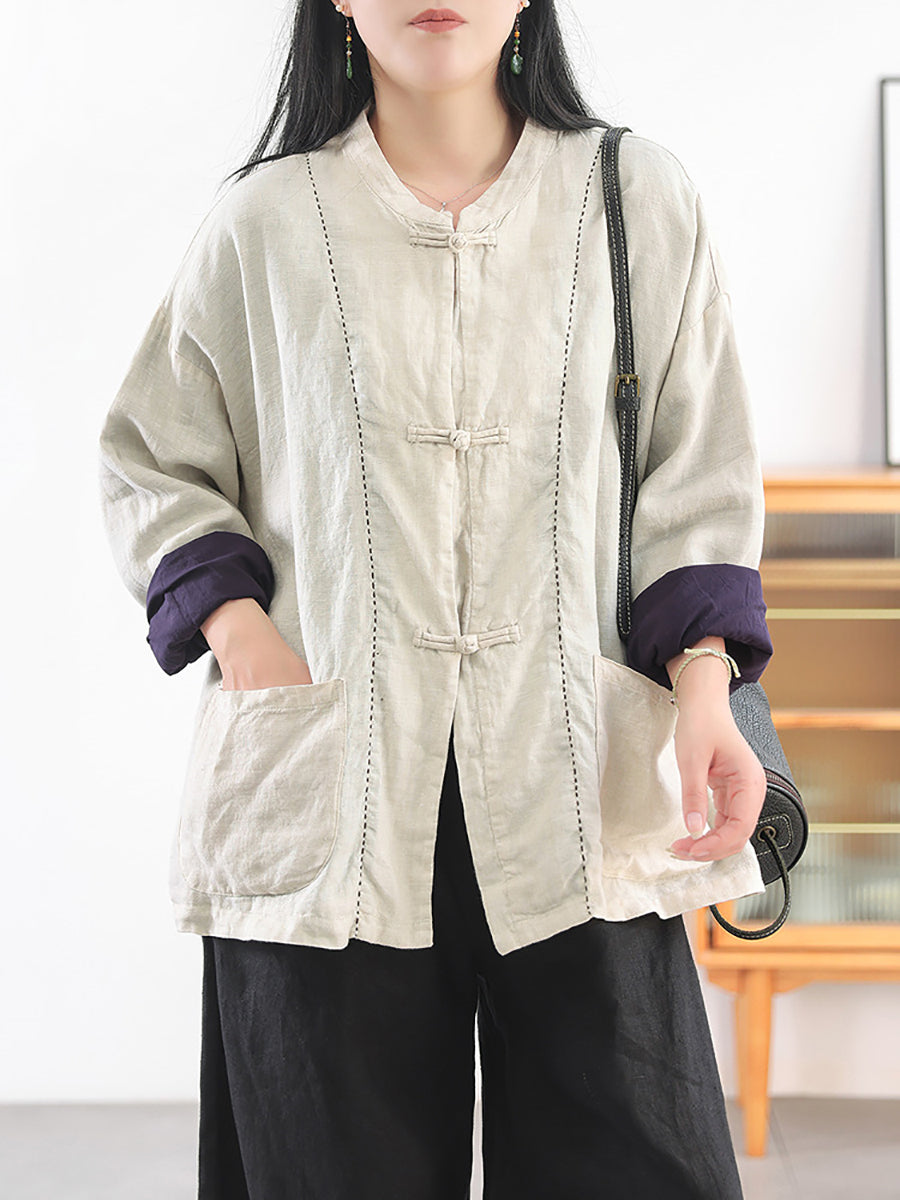 Women Autumn Ethnic Pure Color Stand Collar 100%Linen Coat