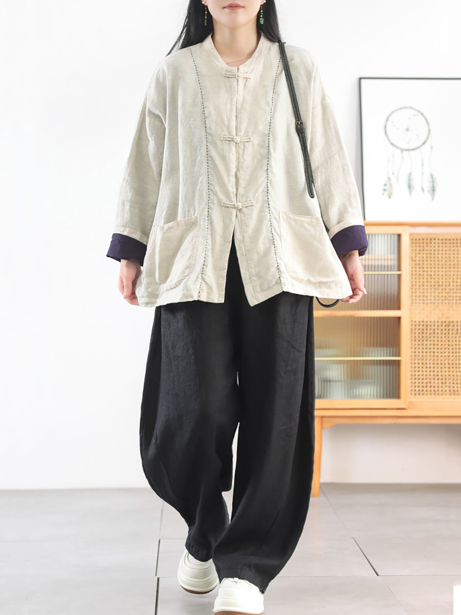 Women Autumn Ethnic Pure Color Stand Collar 100%Linen Coat